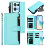 For OPPO Reno8 Pro 5G Magnetic Closure 9 Card Slots Zipper Leather Case with Hand Strap(Mint Green)