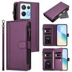 For OPPO Reno8 Pro 5G Magnetic Closure 9 Card Slots Zipper Leather Case with Hand Strap(Purple)