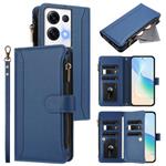 For OPPO Reno8 Pro+ 5G Magnetic Closure 9 Card Slots Zipper Leather Case with Hand Strap(Dark Blue)