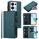 For OPPO Reno8 Pro+ 5G Magnetic Closure 9 Card Slots Zipper Leather Case with Hand Strap(Dark Green)
