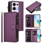 For OPPO Reno8 Pro+ 5G Magnetic Closure 9 Card Slots Zipper Leather Case with Hand Strap(Purple)