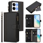 For OPPO Reno9 5G / 9 Pro 5G Magnetic Closure 9 Card Slots Zipper Leather Case with Hand Strap(Black)