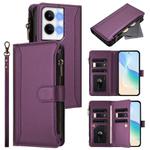 For OPPO Reno9 5G / 9 Pro 5G Magnetic Closure 9 Card Slots Zipper Leather Case with Hand Strap(Purple)