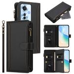For OPPO Reno11 F 5G Global Magnetic Closure 9 Card Slots Zipper Leather Case with Hand Strap(Black)