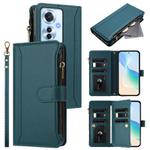 For OPPO Reno11 F 5G Global Magnetic Closure 9 Card Slots Zipper Leather Case with Hand Strap(Dark Green)