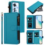 For OPPO Reno11 F 5G Global Magnetic Closure 9 Card Slots Zipper Leather Case with Hand Strap(Turquoise)