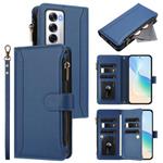 For OPPO Reno12 5G Global Magnetic Closure 9 Card Slots Zipper Leather Case with Hand Strap(Dark Blue)
