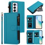 For OPPO Reno12 5G Global Magnetic Closure 9 Card Slots Zipper Leather Case with Hand Strap(Turquoise)