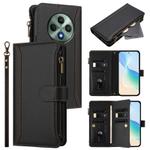 For OPPO Reno12 F 5G Global Magnetic Closure 9 Card Slots Zipper Leather Case with Hand Strap(Black)