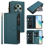 For OPPO Reno12 F 5G Global Magnetic Closure 9 Card Slots Zipper Leather Case with Hand Strap(Dark Green)