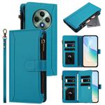 For OPPO Reno12 F 5G Global Magnetic Closure 9 Card Slots Zipper Leather Case with Hand Strap(Turquoise)