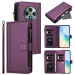 For OPPO Reno12 F 5G Global Magnetic Closure 9 Card Slots Zipper Leather Case with Hand Strap(Purple)