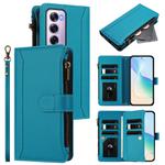 For OPPO Reno12 Pro 5G Global Magnetic Closure 9 Card Slots Zipper Leather Case with Hand Strap(Turquoise)