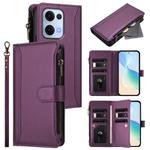 For OPPO Reno13 5G Global Magnetic Closure 9 Card Slots Zipper Leather Case with Hand Strap(Purple)