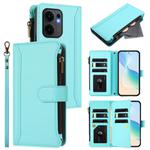 For OPPO Reno13 F 5G Global Magnetic Closure 9 Card Slots Zipper Leather Case with Hand Strap(Mint Green)