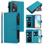 For OPPO A5 5G / A3 Pro 5G Global Magnetic Closure 9 Card Slots Zipper Leather Case with Hand Strap(Turquoise)
