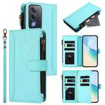 For OPPO A5 5G / A3 Pro 5G Global Magnetic Closure 9 Card Slots Zipper Leather Case with Hand Strap(Mint Green)