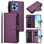 For Realme 10T 5G / 10S 5G Magnetic Closure 9 Card Slots Zipper Leather Case with Hand Strap(Purple)