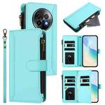 For Realme 13+ 5G Global Magnetic Closure 9 Card Slots Zipper Leather Case with Hand Strap(Mint Green)