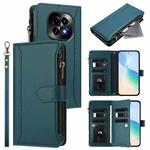 For Realme C63 5G Global Magnetic Closure 9 Card Slots Zipper Leather Case with Hand Strap(Dark Green)