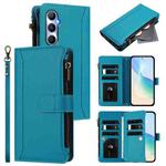For Realme C65 4G Global Magnetic Closure 9 Card Slots Zipper Leather Case with Hand Strap(Turquoise)