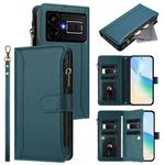 For Realme GT5 240W / GT5 5G Magnetic Closure 9 Card Slots Zipper Leather Case with Hand Strap(Dark Green)