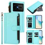 For Realme GT5 240W / GT5 5G Magnetic Closure 9 Card Slots Zipper Leather Case with Hand Strap(Mint Green)