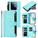 For Realme GT7 Magnetic Closure 9 Card Slots Zipper Leather Case with Hand Strap(Mint Green)
