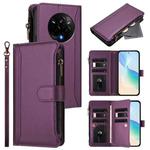 For Realme 14 Pro 5G India Magnetic Closure 9 Card Slots Zipper Leather Case with Hand Strap(Purple)