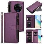 For Realme 14 Pro+ 5G Magnetic Closure 9 Card Slots Zipper Leather Case with Hand Strap(Purple)
