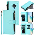 For vivo Y53S 4G / Y51A 2021 / Y33 4G 2021 Magnetic Closure 9 Card Slots Zipper Leather Case with Hand Strap(Mint Green)