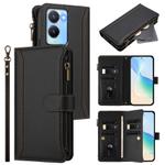 For vivo Y56 5G Global / Y16 4G Global Magnetic Closure 9 Card Slots Zipper Leather Case with Hand Strap(Black)
