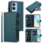 For vivo Y56 5G Global / Y16 4G Global Magnetic Closure 9 Card Slots Zipper Leather Case with Hand Strap(Dark Green)