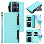 For vivo Y78+ 5G Global / V29 Lite Magnetic Closure 9 Card Slots Zipper Leather Case with Hand Strap(Mint Green)