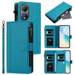 For vivo Y100A 5G Global Magnetic Closure 9 Card Slots Zipper Leather Case with Hand Strap(Turquoise)