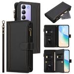 For vivo Y200E 5G Global / V40 SE 5G Magnetic Closure 9 Card Slots Zipper Leather Case with Hand Strap(Black)