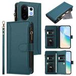 For vivo S30 Pro mini Magnetic Closure 9 Card Slots Zipper Leather Case with Hand Strap(Dark Green)