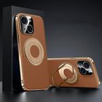 For iPhone 14 Plain Leather Hydric Metal Holder MagSafe Phone Case(Brown)