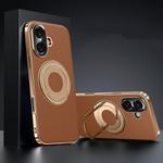 For iPhone 16 Plain Leather Hydric Metal Holder MagSafe Phone Case(Brown)