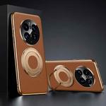 For Huawei Mate 50 Pro Plain Leather Hydric Metal Holder MagSafe Phone Case(Brown)