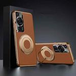 For Huawei P60 / P60 Pro Plain Leather Hydric Metal Holder MagSafe Phone Case(Brown)