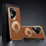 For Huawei Pura 70 Ultra Plain Leather Hydric Metal Holder MagSafe Phone Case(Brown)