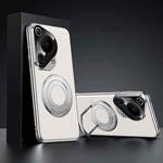 For Huawei Pura 70 Ultra Plain Leather Hydric Metal Holder MagSafe Phone Case(White)