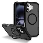 For iPhone 16 Defend 3 in 1 Rugged MagSafe Magnetic Holder Phone Case(Black + Transparent Grey)