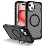 For iPhone 15 Plus Defend 3 in 1 Rugged MagSafe Magnetic Holder Phone Case(Black + Transparent Grey)