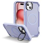 For iPhone 15 Plus Defend 3 in 1 Rugged MagSafe Magnetic Holder Phone Case(Light Purple + Transparent Purple)
