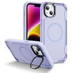 For iPhone 14 Plus Defend 3 in 1 Rugged MagSafe Magnetic Holder Phone Case(Light Purple + Transparent Purple)