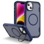 For iPhone 14 Defend 3 in 1 Rugged MagSafe Magnetic Holder Phone Case(Blue + Transparent Blue)