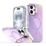 For iPhone 16 Gradient Discolor Lens Kickstand Magsafe Phone Case(Purple)