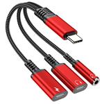 Type-C to 3.5mm and Type-C Charging Audio Adapter Cable(Red)